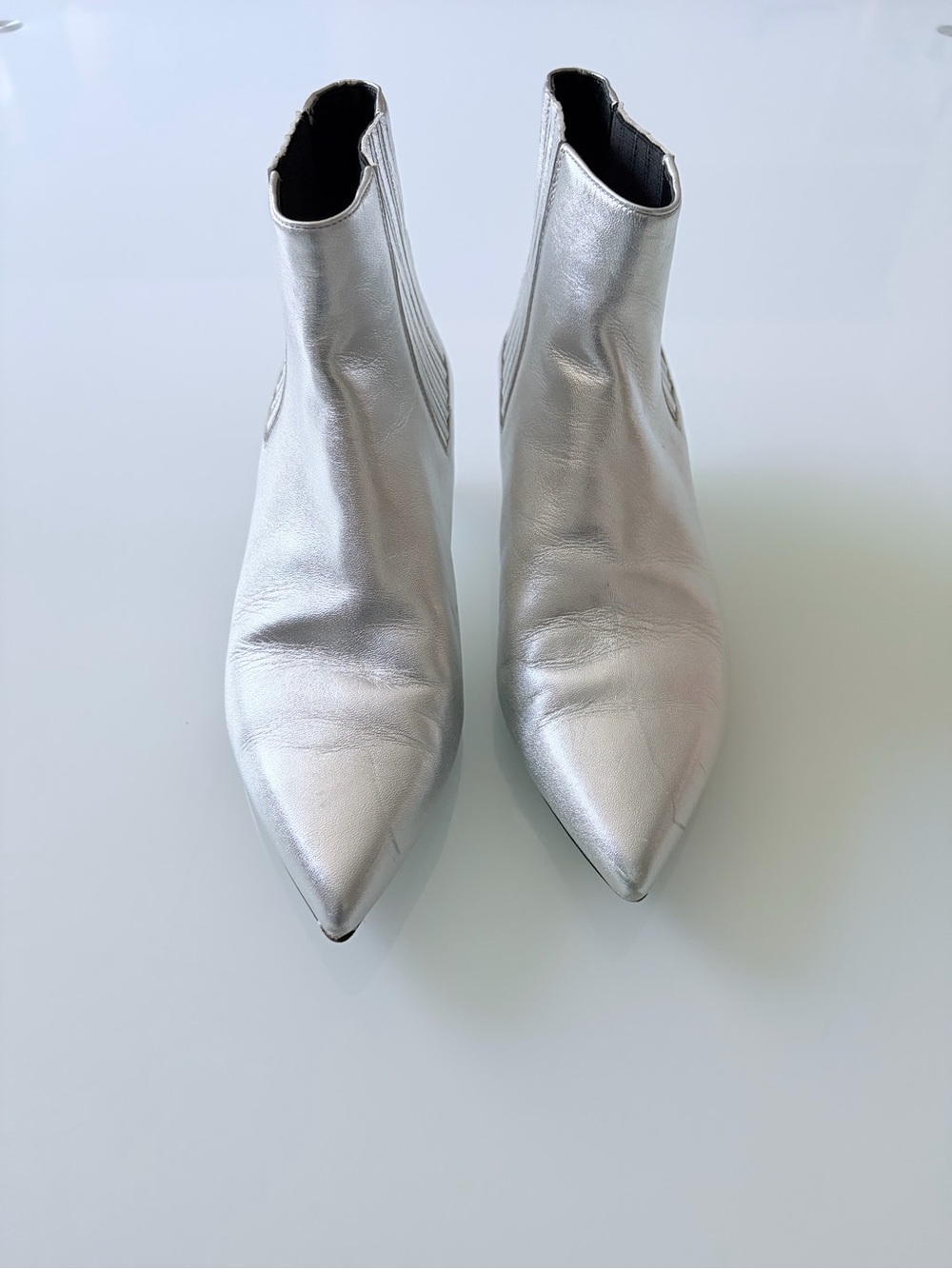 Celine Women’s Silver Pointed-Toe Ankle Boots Sz 37